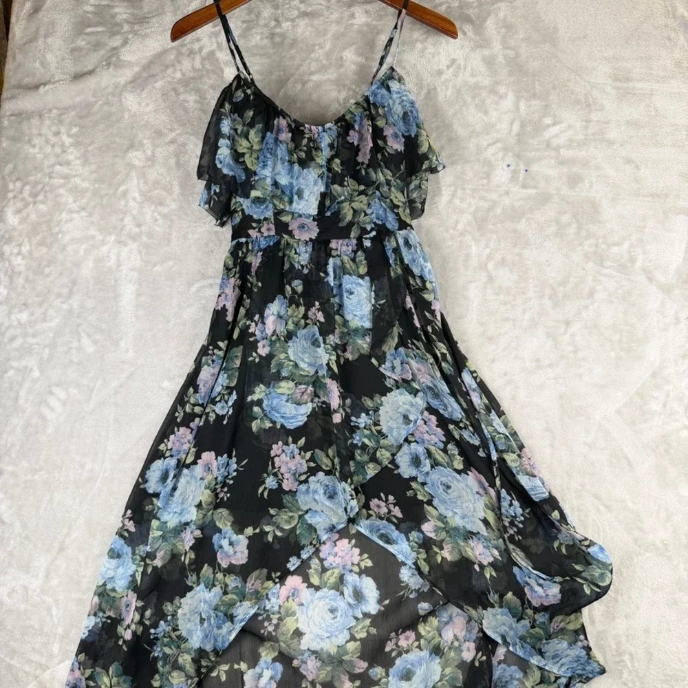 Easter Spring Black‎ Floral Ruffle High Low Maxi Dress Abercrombie Fitch XS